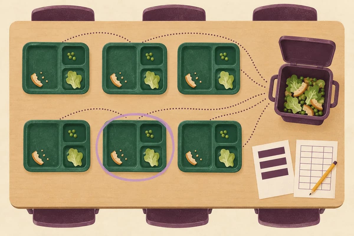 Illustration of six lunch trays with leftover food, one tray circled, and dotted lines leading to a shared food-scrap container beside two blank notes.