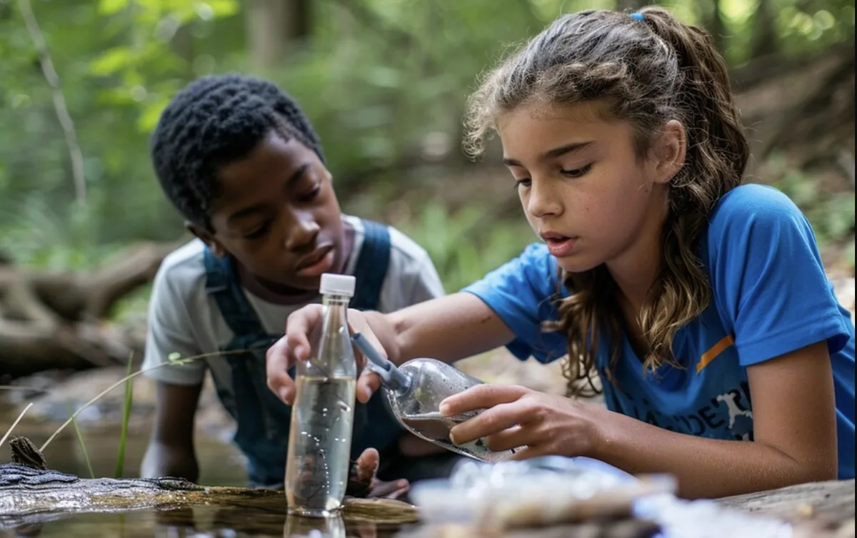 Two students examining water samples beside a stream.