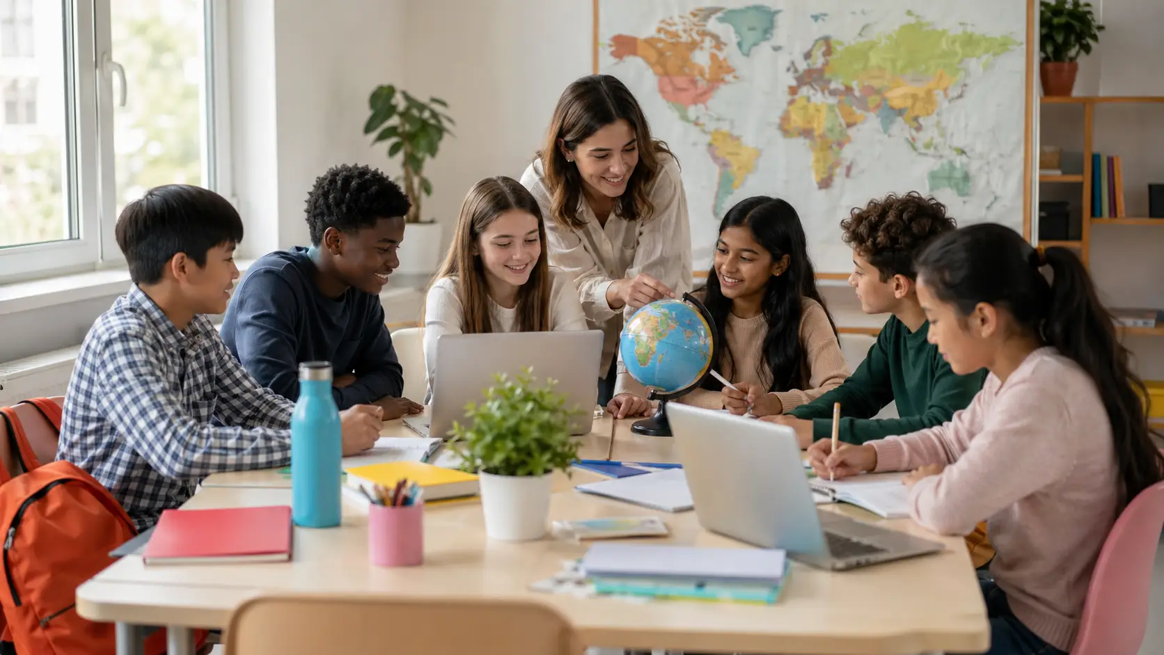 Un grupo diverso de estudiantes colabora en un aula global con el apoyo de un docente