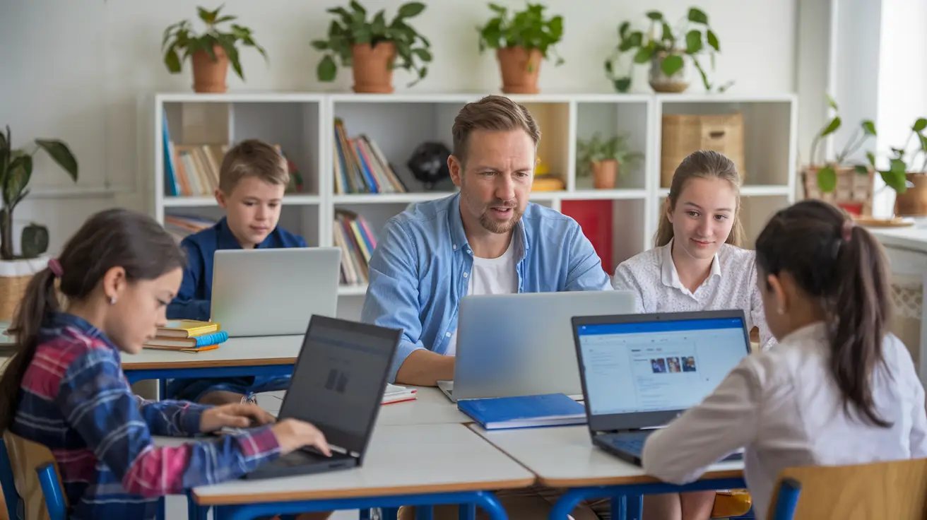 A teacher and pupils working with laptops around a classroom table.