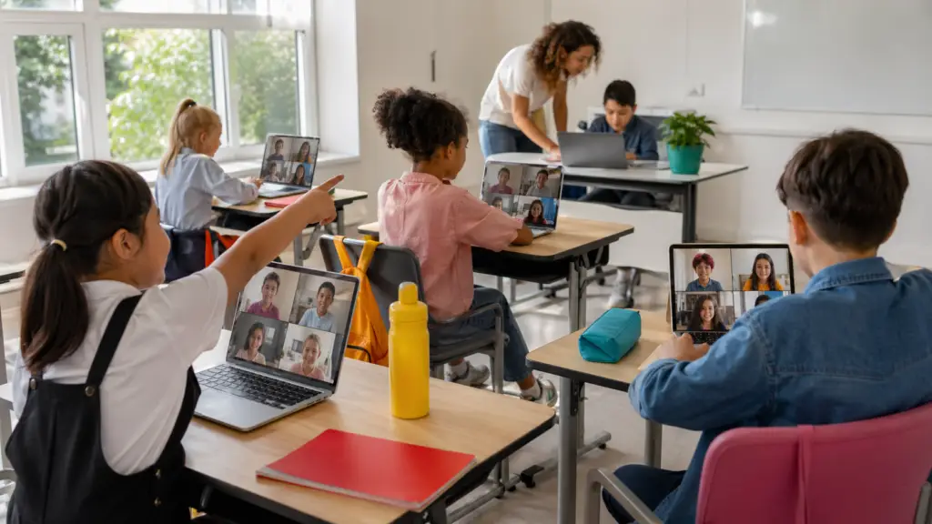 4-5 diverse K-12 students at desks each with their own laptop, collaborating online with split video-call windows visible; teacher in background helping