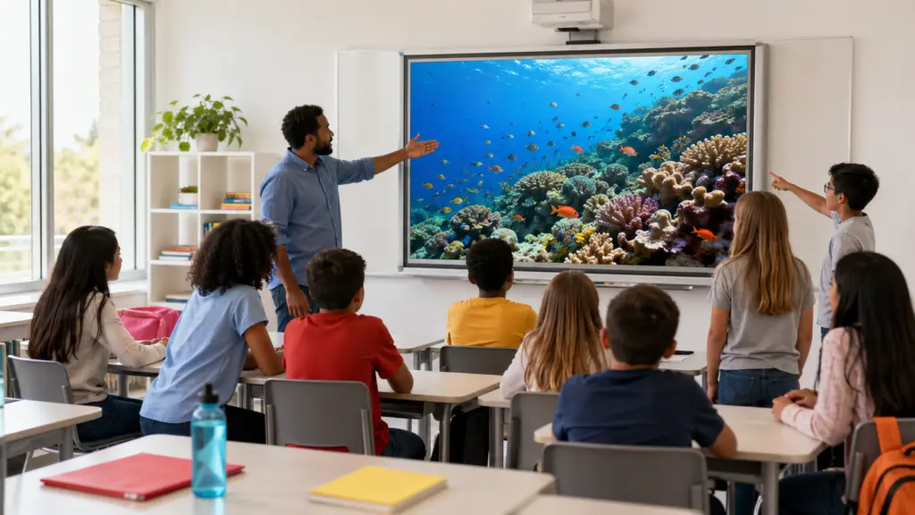 Modern bright K-12 classroom; diverse students engaged with a wide projection screen showing a coral reef nature scene; teacher gesturing toward screen
