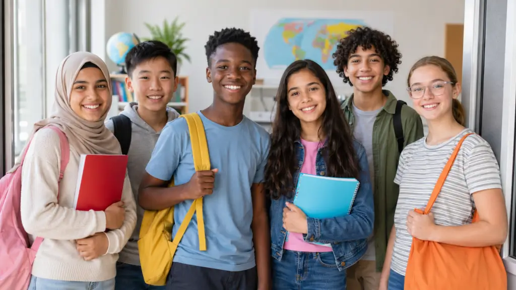 Six diverse K-12 students of different cultural backgrounds standing together in a classroom doorway smiling; globe and world map visible in background