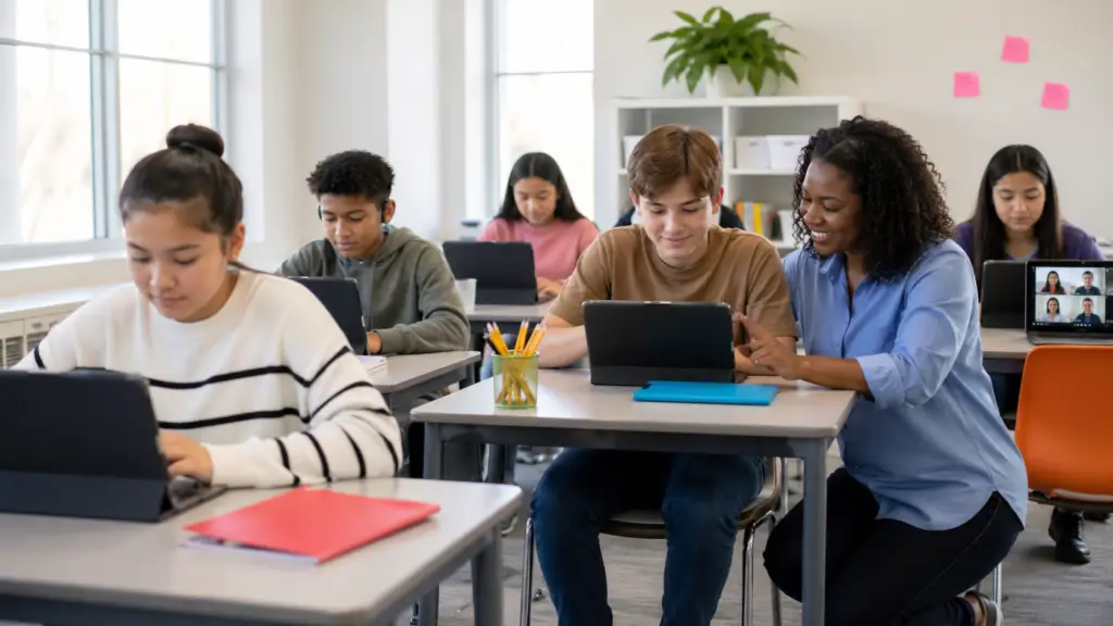 Modern bright K-12 classroom with diverse students each at their own laptop or tablet; teacher kneeling beside one student helping; bright natural daylight