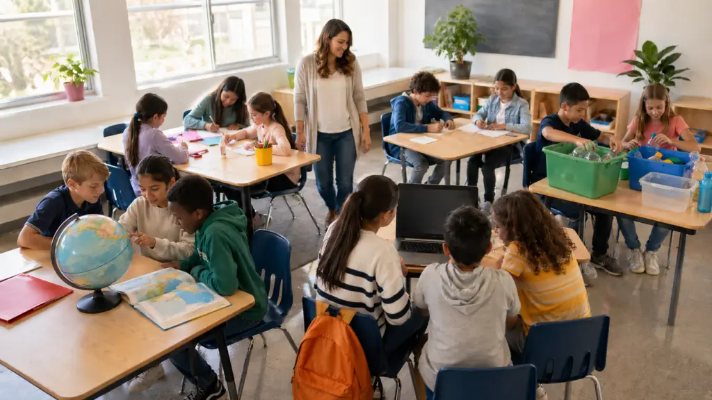 Bright modern classroom from elevated angle showing multiple small group activities: globe, laptop video call, art project, recycling, letter writing; diverse K-12 students