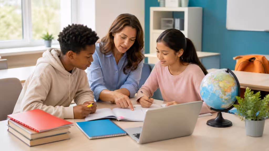 Teacher and two diverse students at a desk in a modern bright classroom looking at an open notebook with a globe and reference books nearby