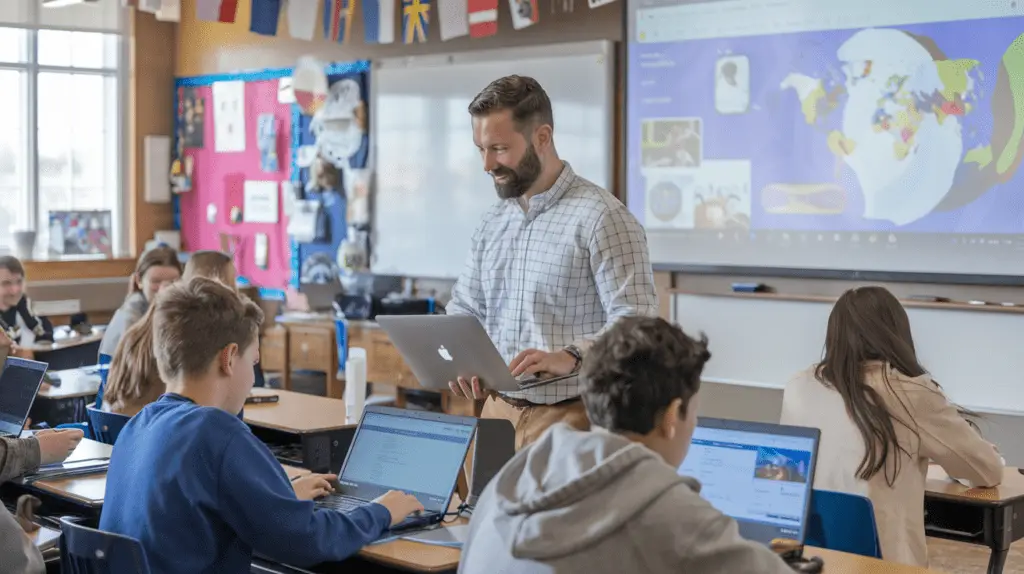 k12 Teacher guiding students through an online international project, showcasing diverse cultural elements