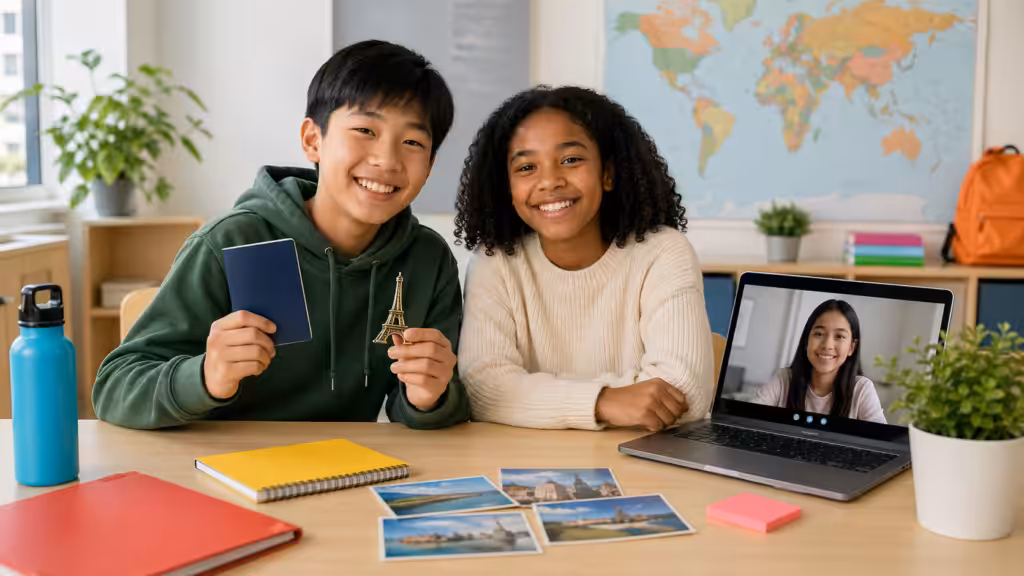 Two students at a desk with a passport, world map, and laptop showing a video call — a small example of a global perspective in education in a bright modern classroom