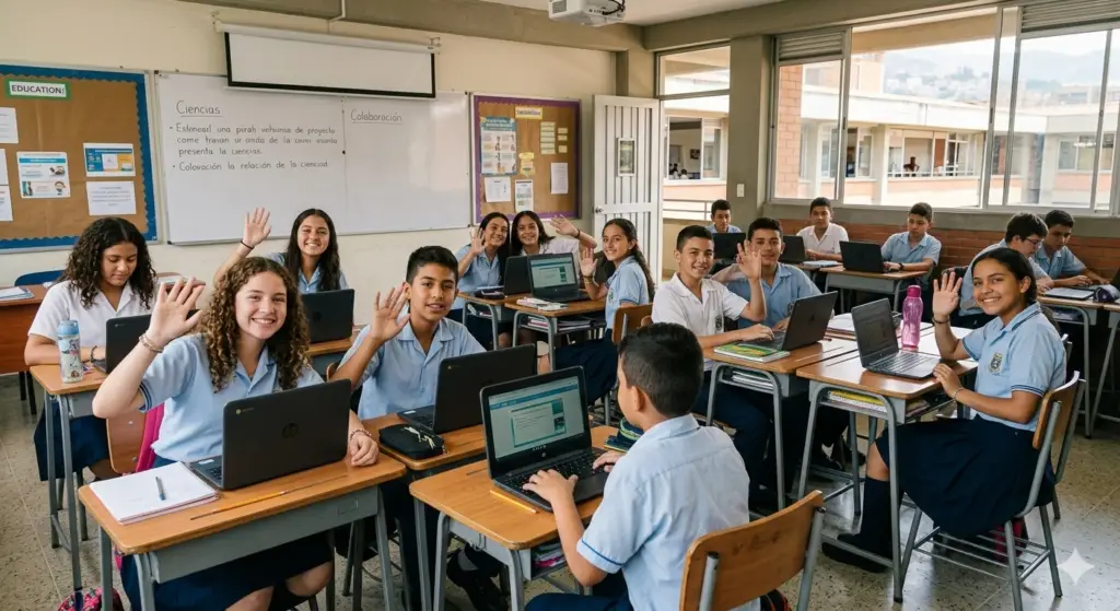 Students collaborating on global projects with laptops in a 21st century learning classroom