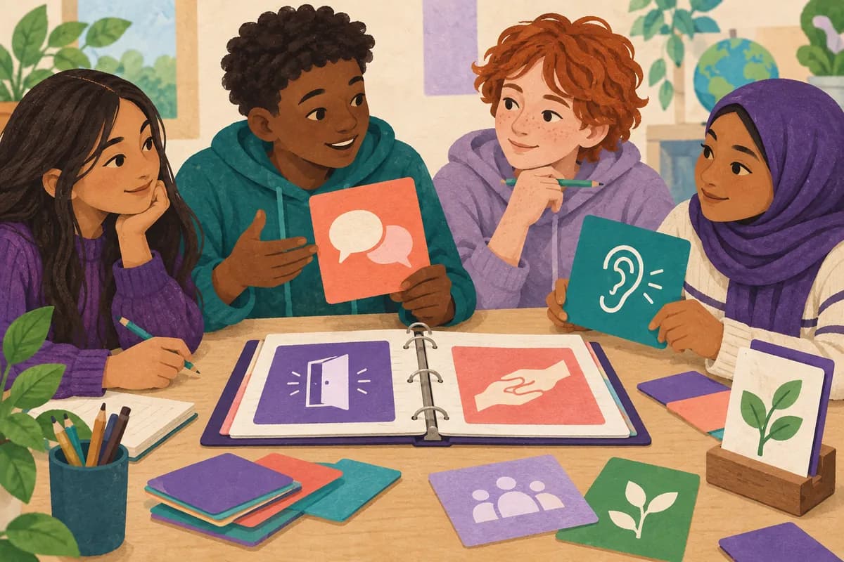 Ilustración de estudiantes que preparan tarjetas de conversación para un conjunto compartido de recursos de inclusión.