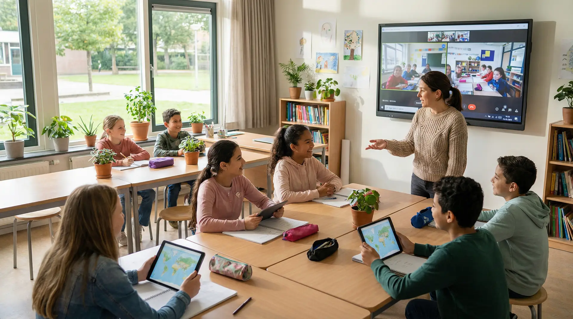 A teacher guiding students during an international classroom video exchange