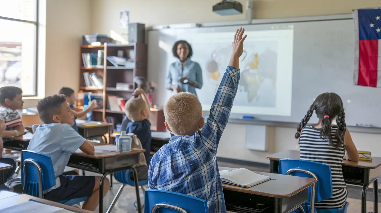 Pupils raising their hands while a teacher leads a classroom discussion.