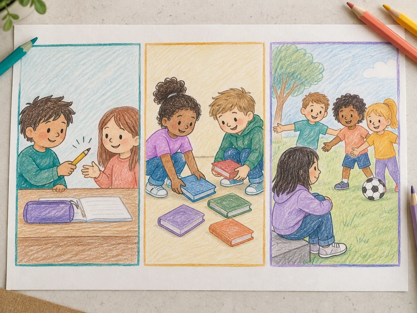 Dibujo ilustrativo de niños que se ayudan e incluyen a los demás