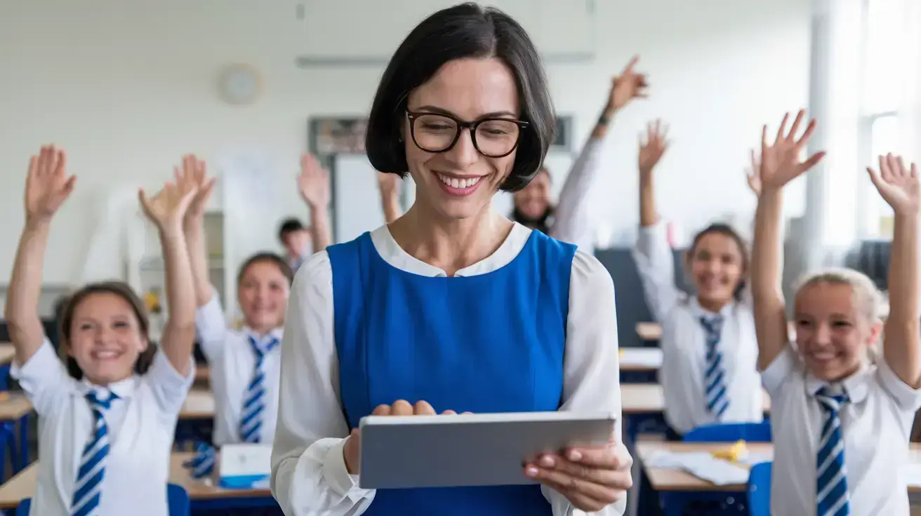 A photo of a teacher with a tablet, receiving a digital certificate. She is wearing a blue dress and a white blouse.