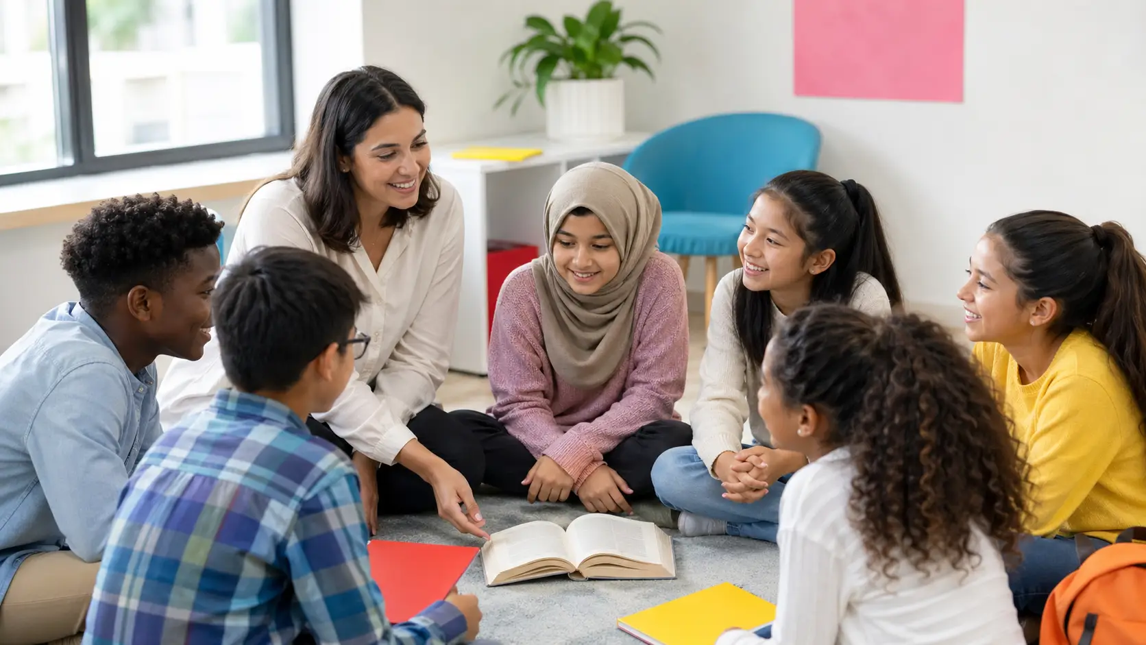 Teacher and diverse K-12 students seated in a circle around an open book — quality education is the antidote to child labor