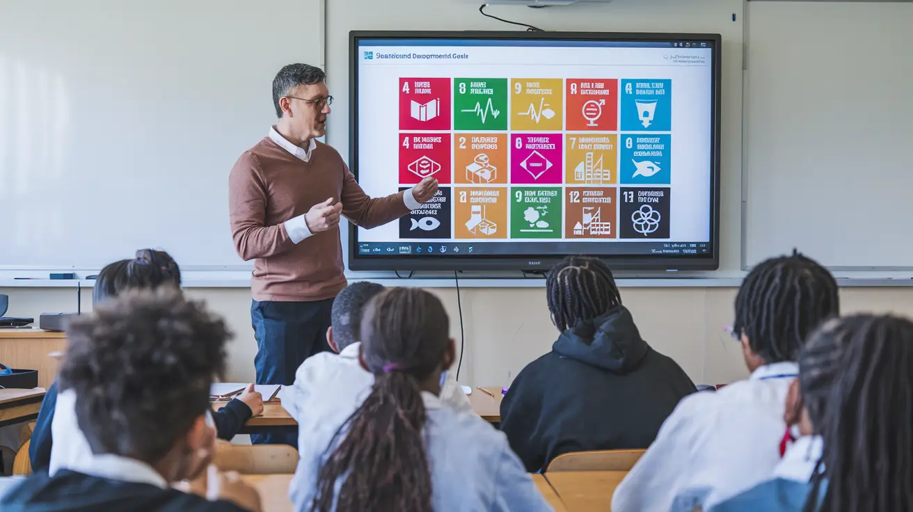Teacher guiding students through an SDG-related project on a digital screen"