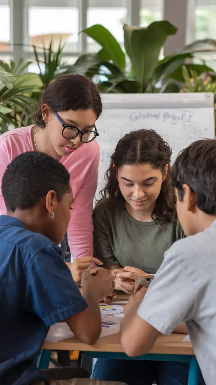 Diverse students collaborating together on global classroom project