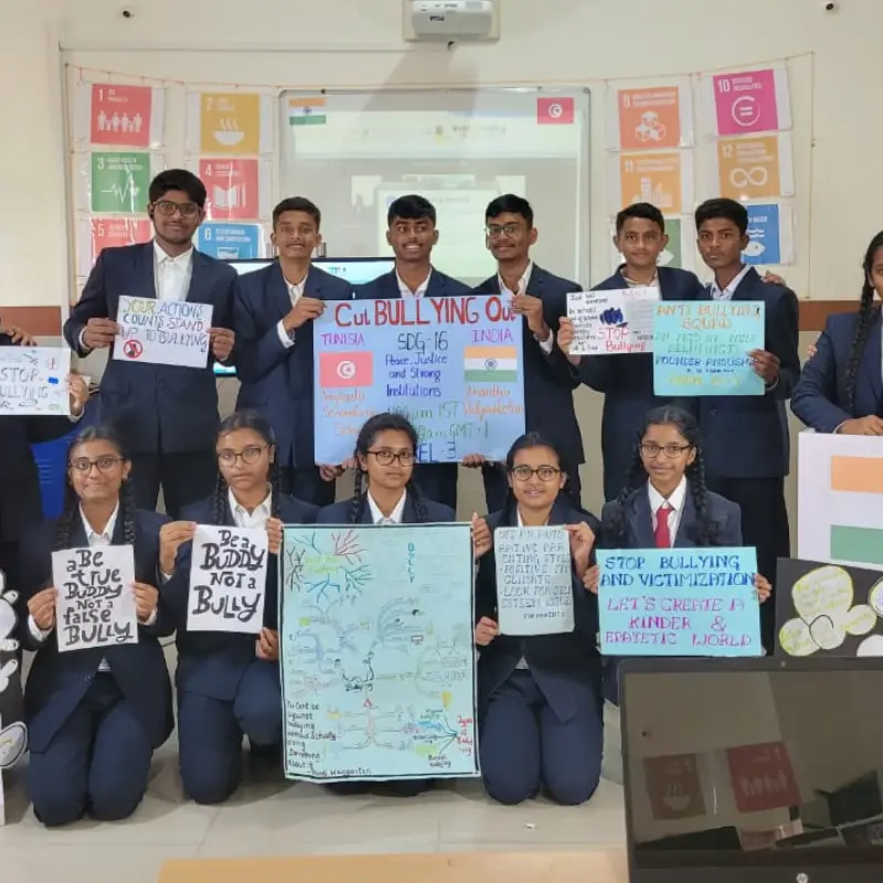 Classroom video conference connecting students across continents