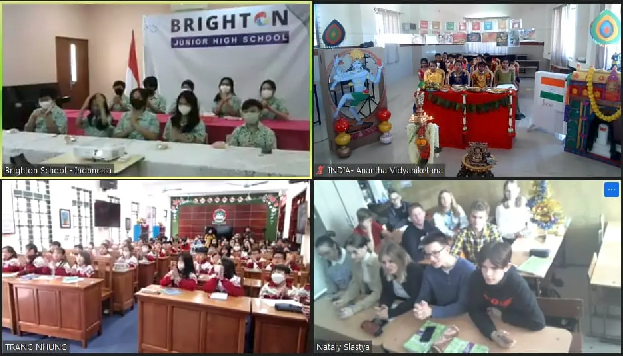 Classrooms from different countries connecting via Class2Class.org video call for collaborative projects