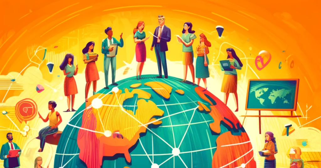 Global teacher collaboration illustration with diverse educators connecting on a stylized globe