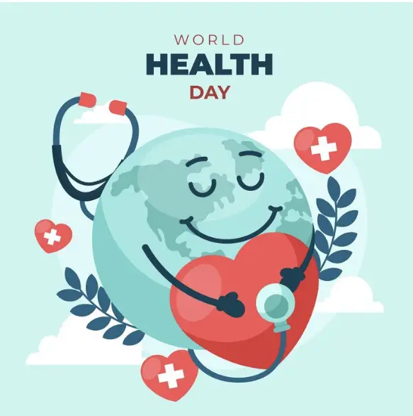 World Health Day illustration of the Earth hugging a heart with a stethoscope