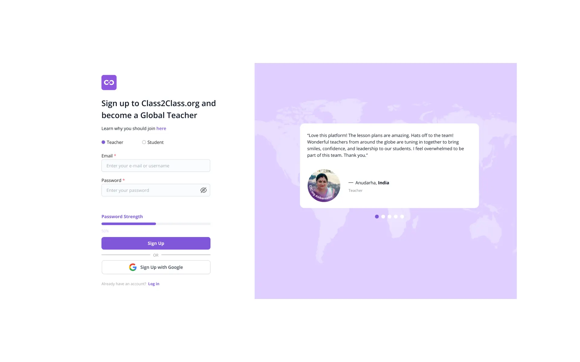 Class2Class.org sign up form for teachers and students to become global teachers