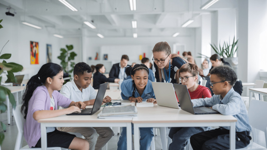 Diverse group of K12 students collaborating on a digital project in a bright, modern classroom