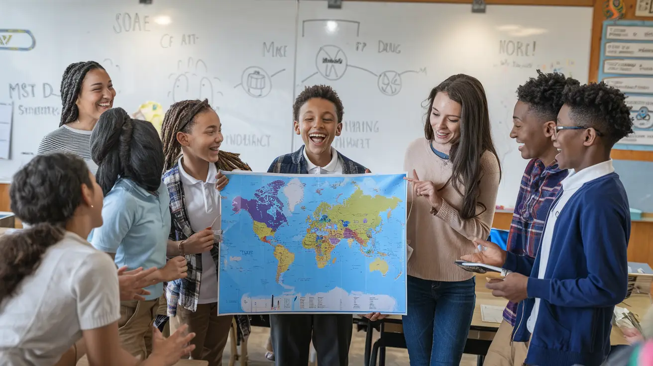 Excited students presenting their first international project findings to classmates