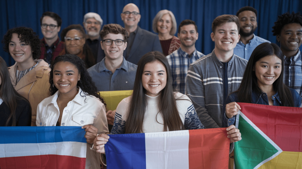Diverse group of high school students and teachers celebrating global collaboration