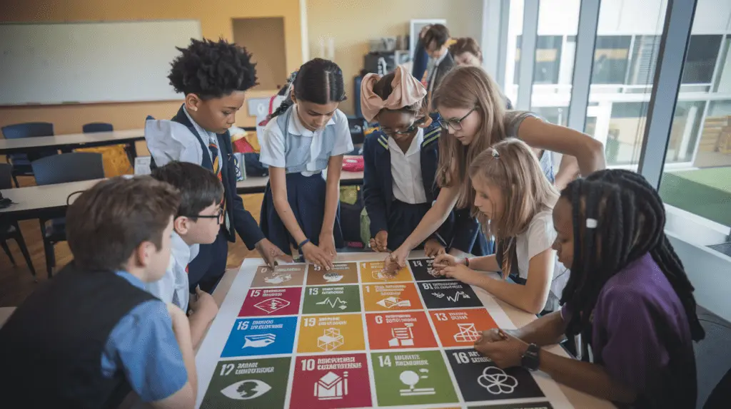 Diverse group of k-12 students collaborating on a project with SDG icons visible