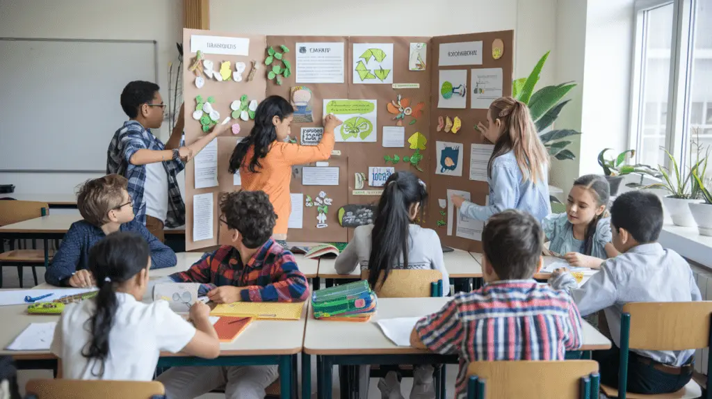 Diverse group of students from various ethnic backgrounds collaborating on a sustainability project in a real classroom setting
