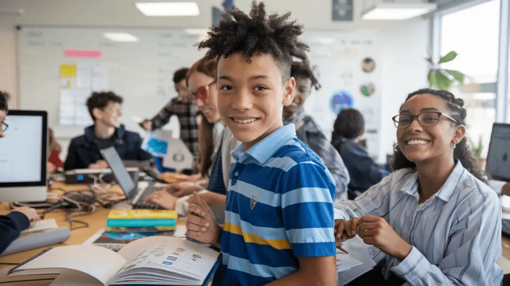Diverse group of k12 students collaborating on a global project