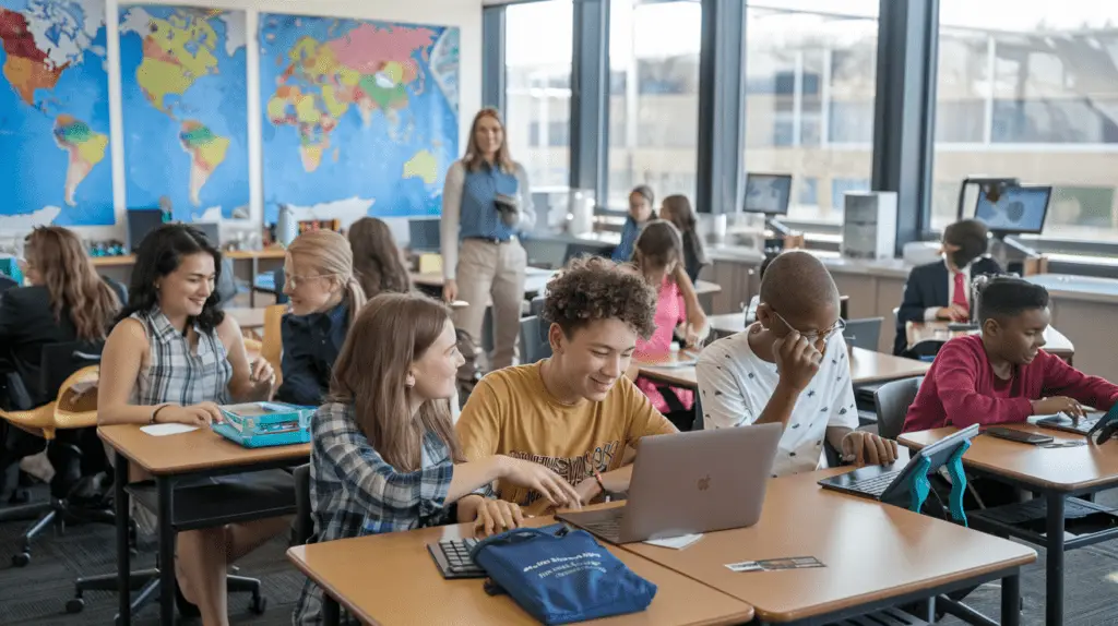 Diverse group of K12 students collaborating on a global project