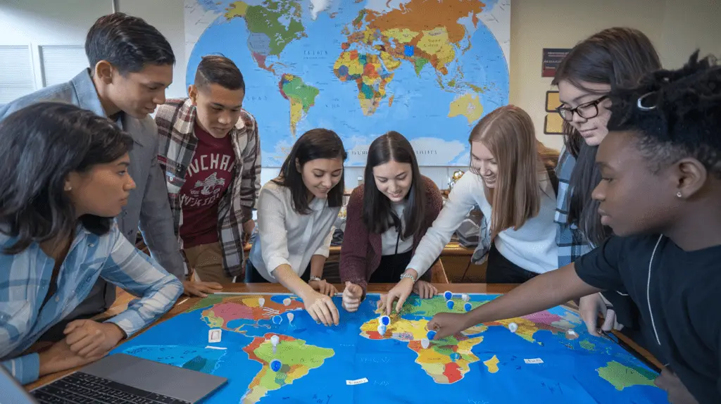 Diverse group of students collaborating on a global project