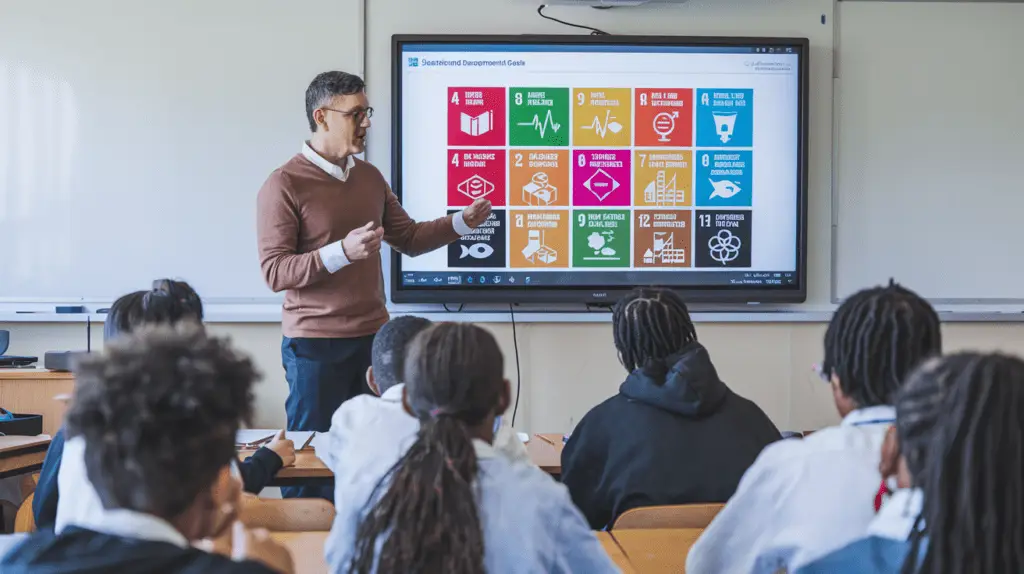 Teacher guiding students through an SDG-related project on a digital screen"