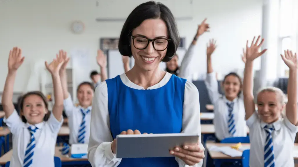 A photo of a teacher with a tablet, receiving a digital certificate. She is wearing a blue dress and a white blouse.