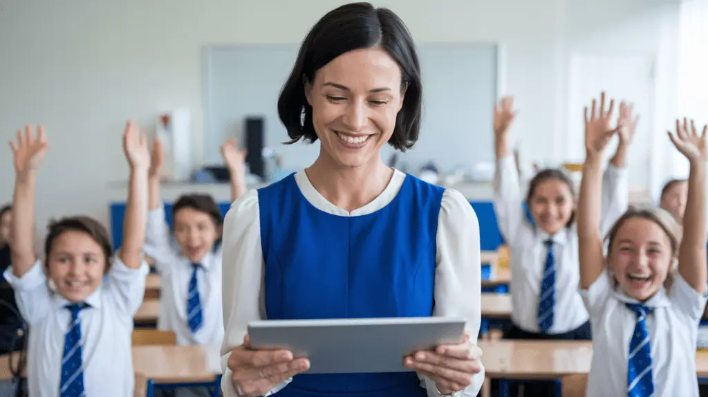Teacher receiving a digital certificate on a tablet while students celebrate in the background"
