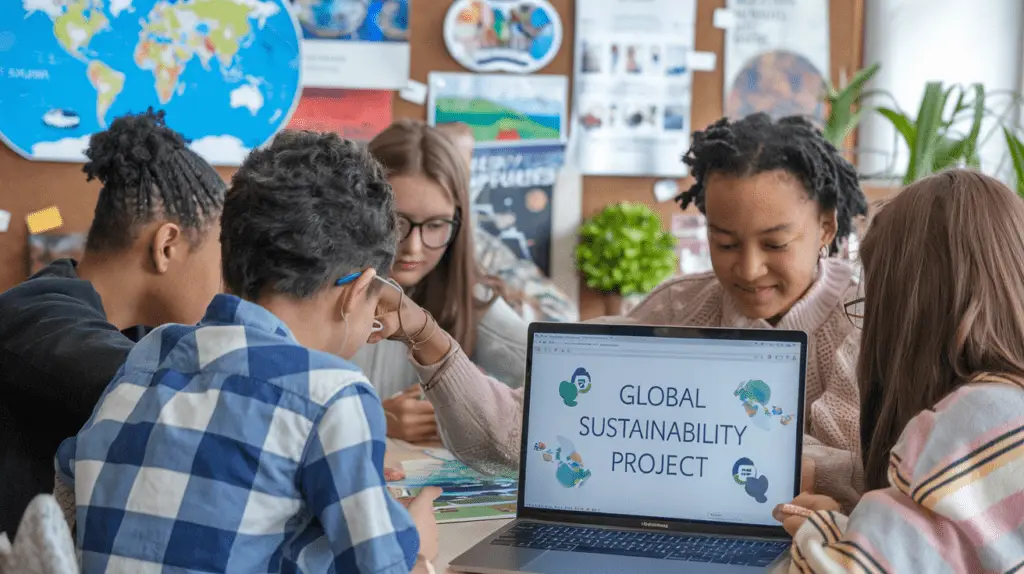 k12 Students collaborating on a global sustainability project