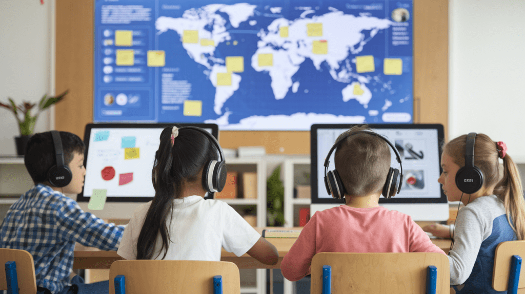 k12 Students from different countries working together on a virtual project board