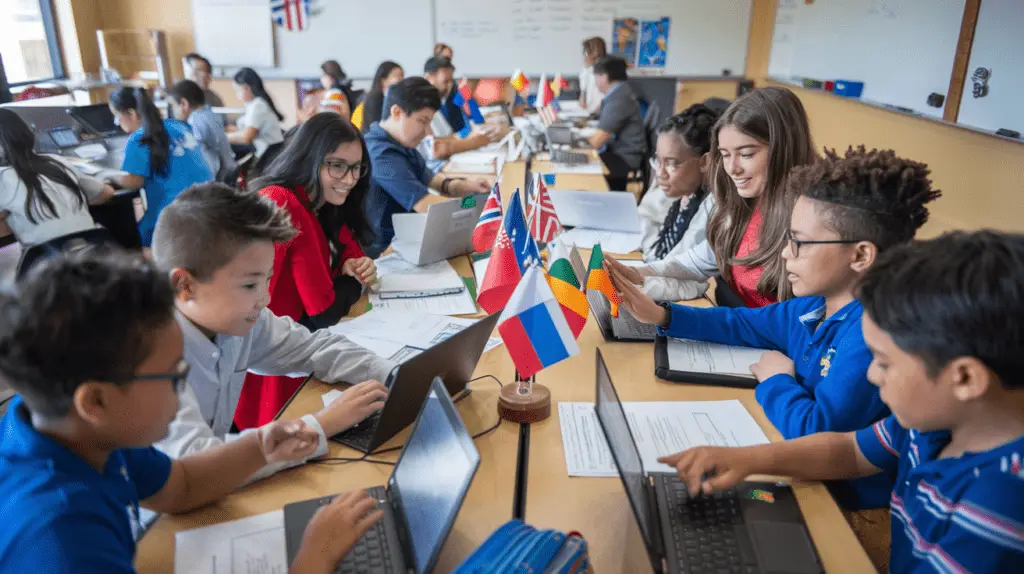 Diverse group of k12 students collaborating on a global project