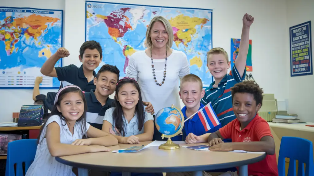 Happy k12 students and teacher celebrating a successful international project