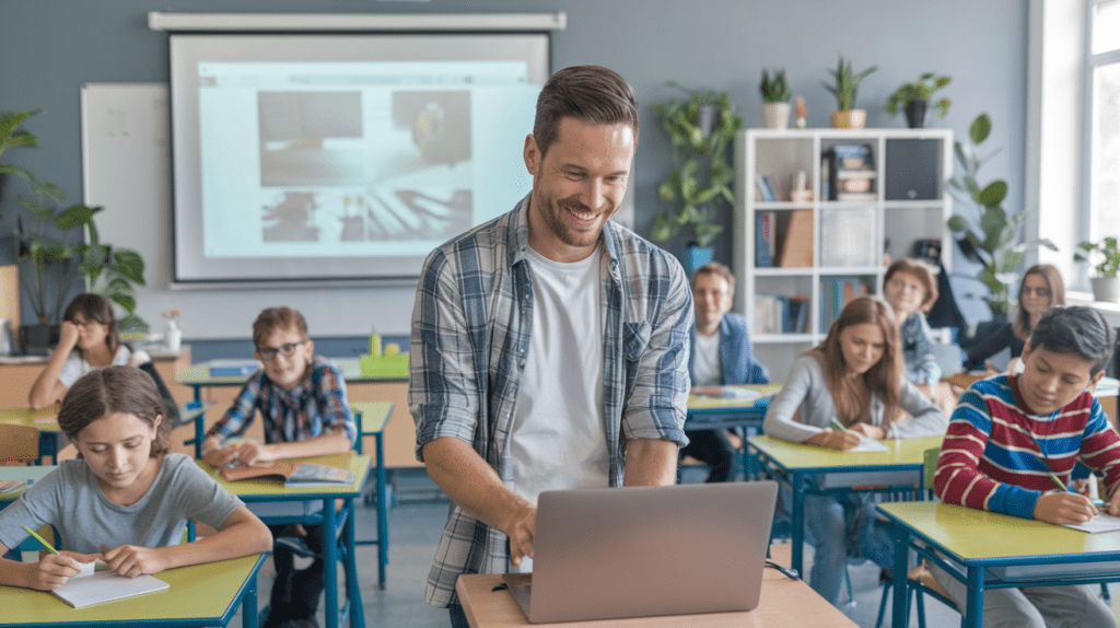 High school teacher guiding students through an online collaboration session