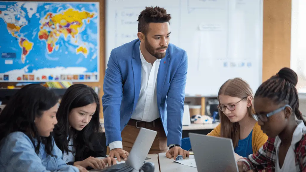 K12 teacher guides diverse students in virtual international collaboration using laptops in classroom