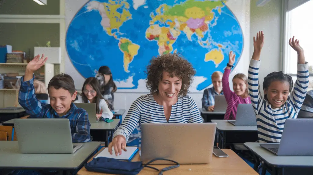 Teacher guiding students through an online international project, showing engagement and excitement