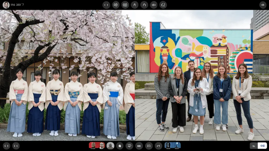 Students engaging in a virtual cultural exchange via video conference