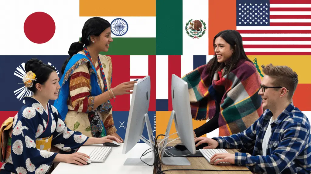Students engaging in a virtual cultural exchange session