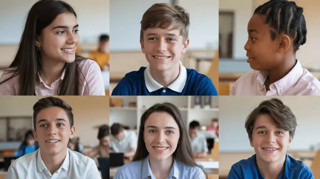 Students from different countries connecting classrooms through a collaborative video exchange in a modern classroom