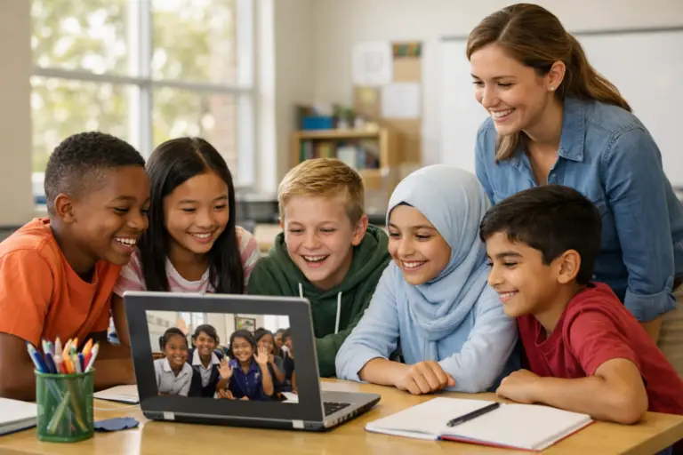 Global citizenship education in action — diverse students and their teacher connecting with an international classroom through a video call