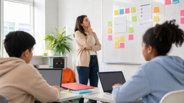 Un profesor frente a una pared cubierta de notas adhesivas revisando el plan de un proyecto; en primer plano, con un efecto de desenfoque, se ve a un grupo diverso de alumnos sentados en sus pupitres con sus ordenadores portátiles; un aula moderna y luminosa