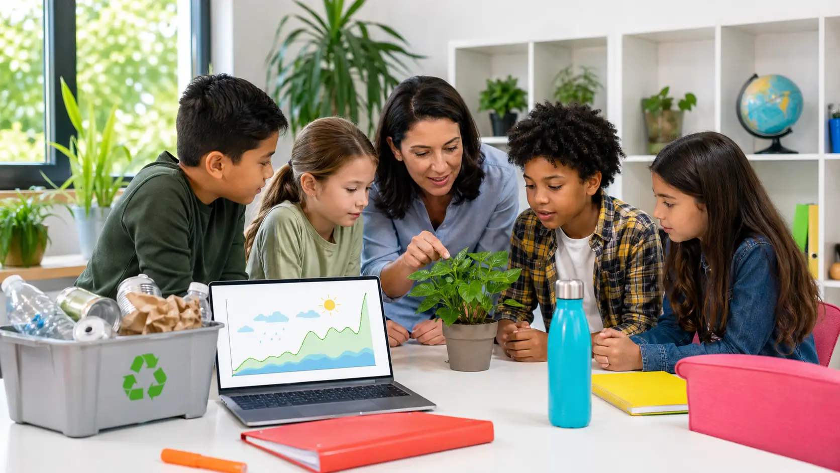Diverse K-12 students and teacher working on climate action projects in a bright modern classroom — exploring SDG 13 and ozone layer science